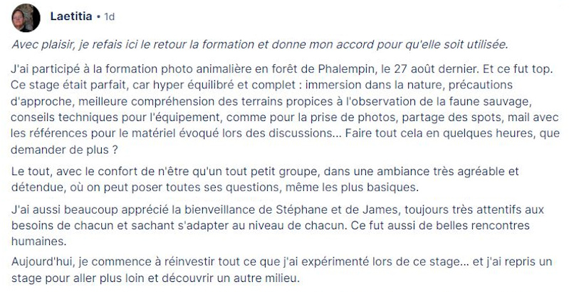 avis sur le stage photo animalière